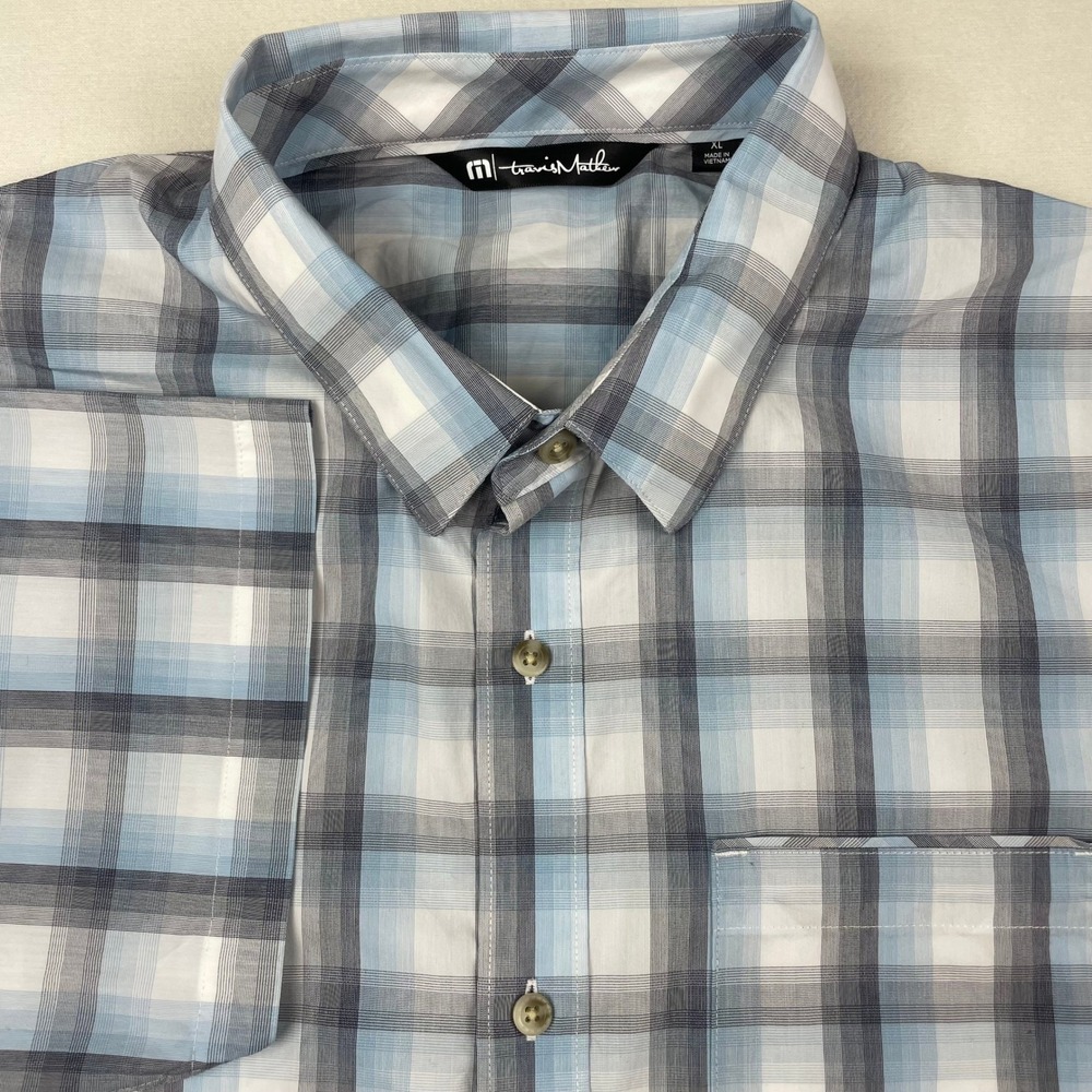TravisMathew Mens XL Blue Grey Plaid Short Sleeve Button Down Golf Shirt